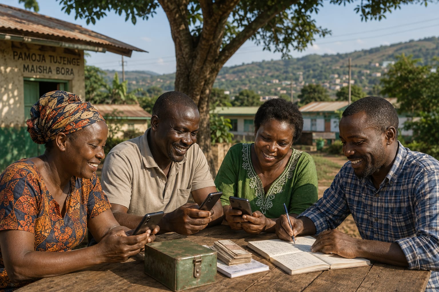 Cooperative members using mobile banking at a community meeting